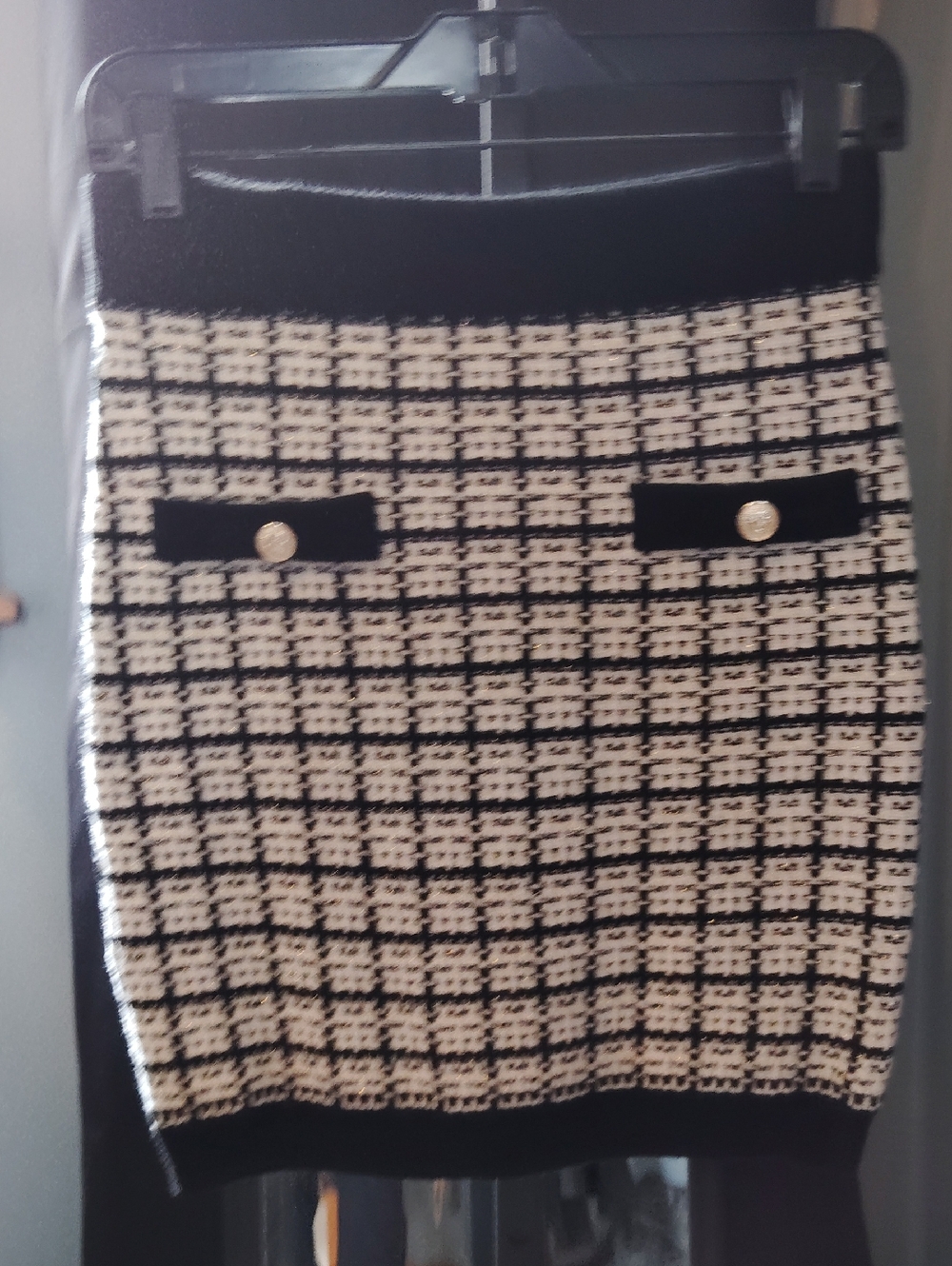 SHEIN Black and White Tweed Pencil Skirt with Gold Buttons